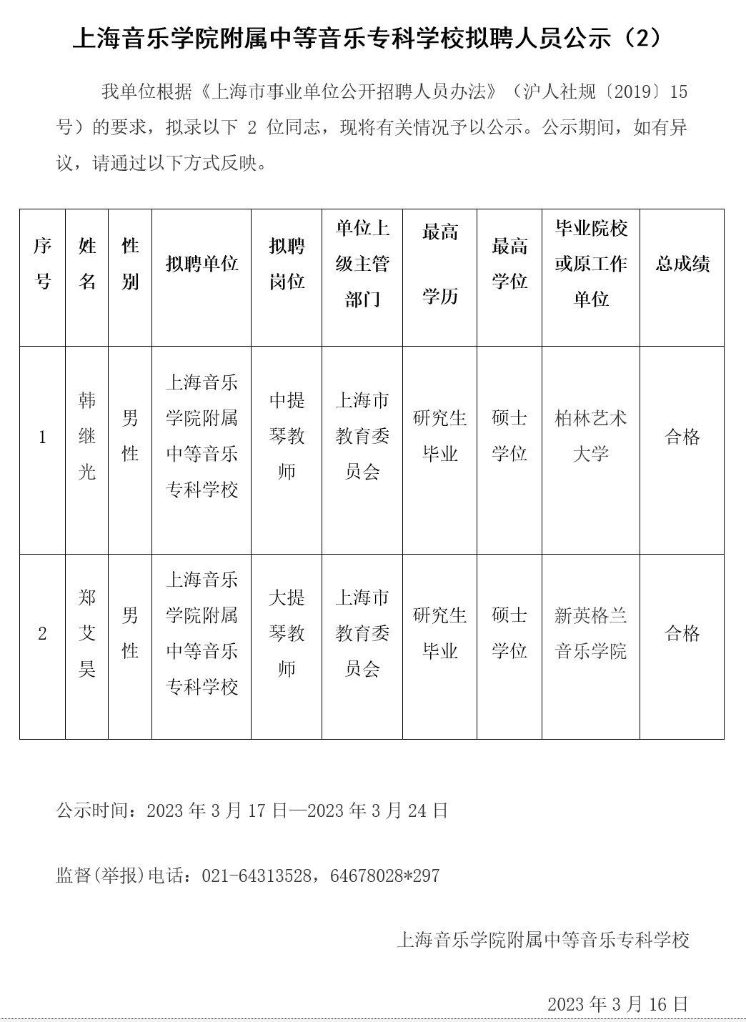 上海音乐学院附属中等音乐专科学校拟聘人员公示（2） 